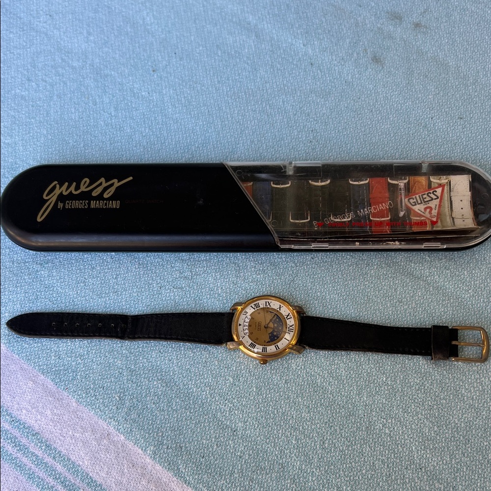 Vintage 1988 Guess Gold and Black Leather Watch Set